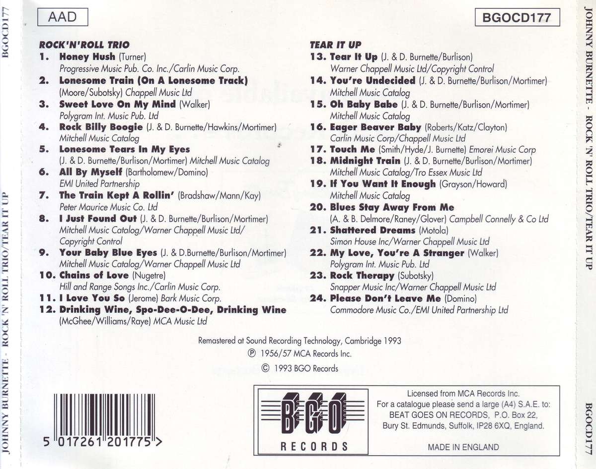 JOHNNY BURNETTE - Rock 'n' Roll Trio / Tear It Up (CD) BGO CD177 EX