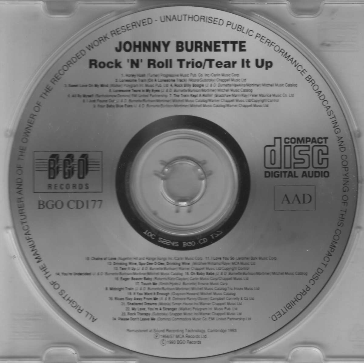 JOHNNY BURNETTE - Rock 'n' Roll Trio / Tear It Up (CD) BGO CD177 EX