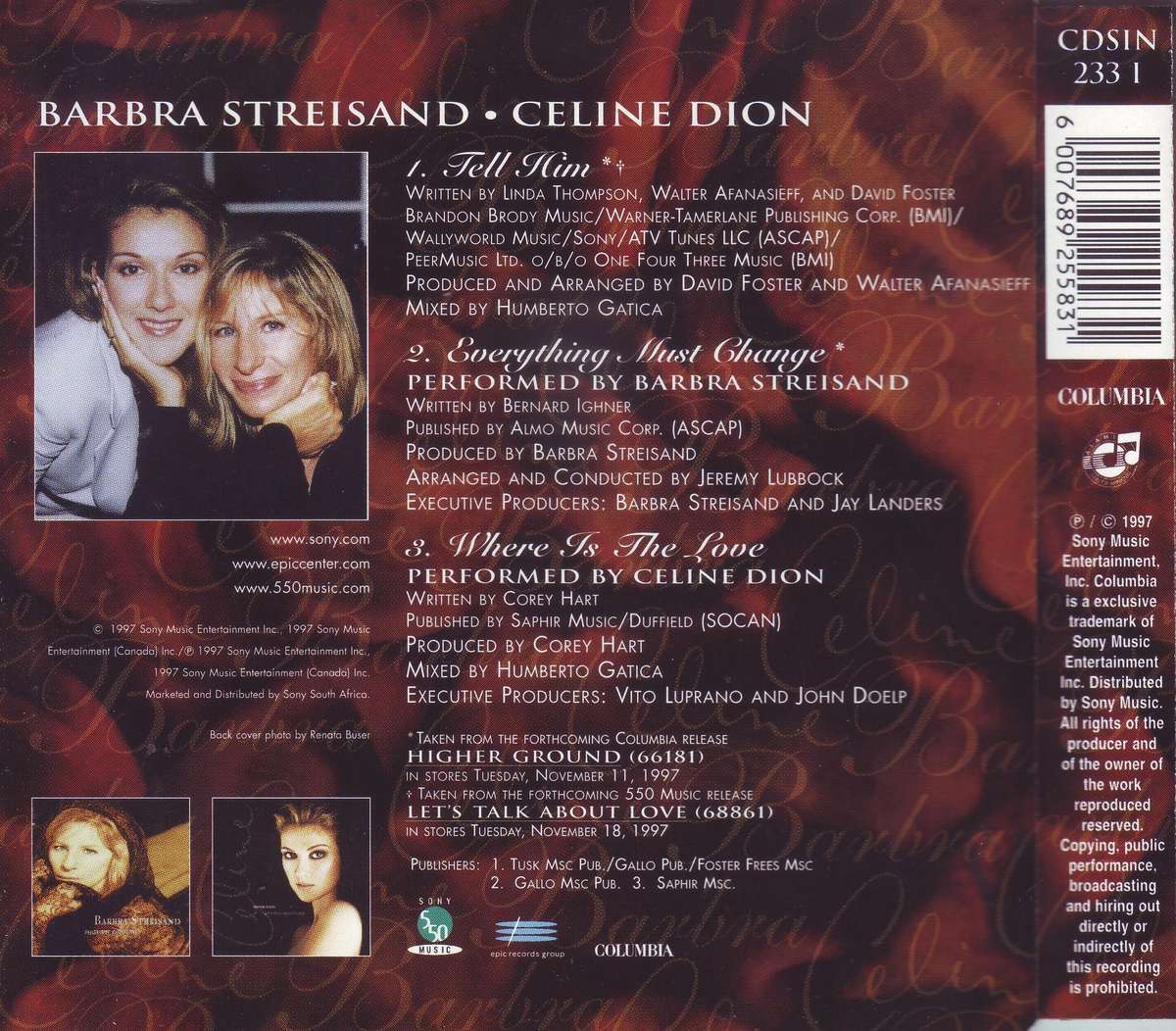 BARBRA STREISAND / CELINE DION - Tell him (CD single) CDSIN 233 I  NM