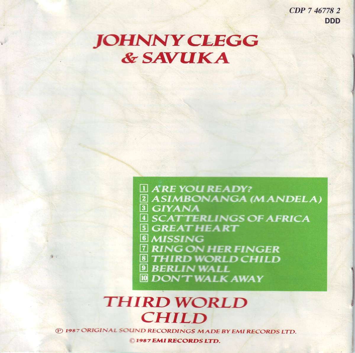 JOHNNY CLEGG & SAVUKA - Third world child (CD) CDP 7 46778 2 EX