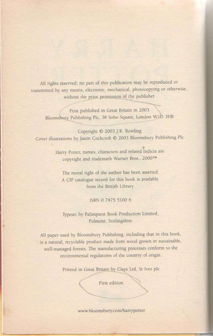 HARRY POTTER AND THE ORDER OF THE PHOENIX - J K ROWLING (1 ST EDITION 2003)