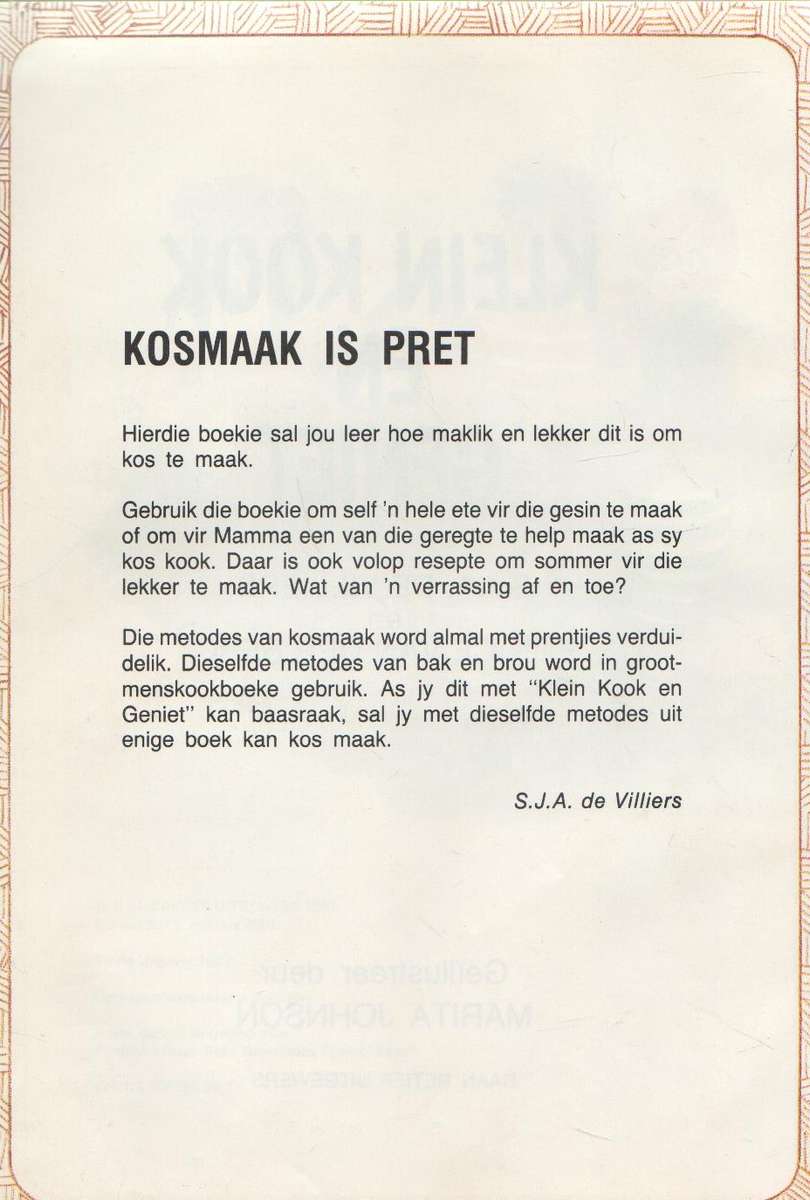 KLEIN KOOK EN GENIET - S J A DE VILLIERS (1 STE UITGAWE 1982)