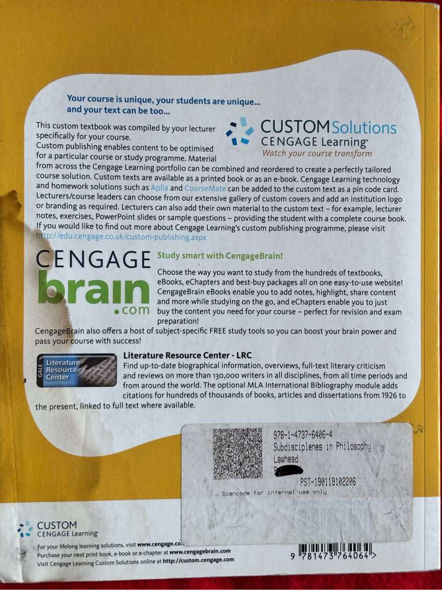 Philosophy 214 Subdisciplines in Philosophy 1 4th custom edition William F. Lawhead