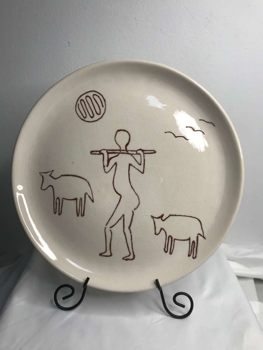 African Pottery Ceramic Large Art Plate Shepherd Sheep Birds