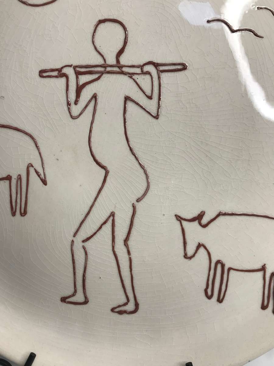 African Pottery Ceramic Large Art Plate Shepherd Sheep Birds