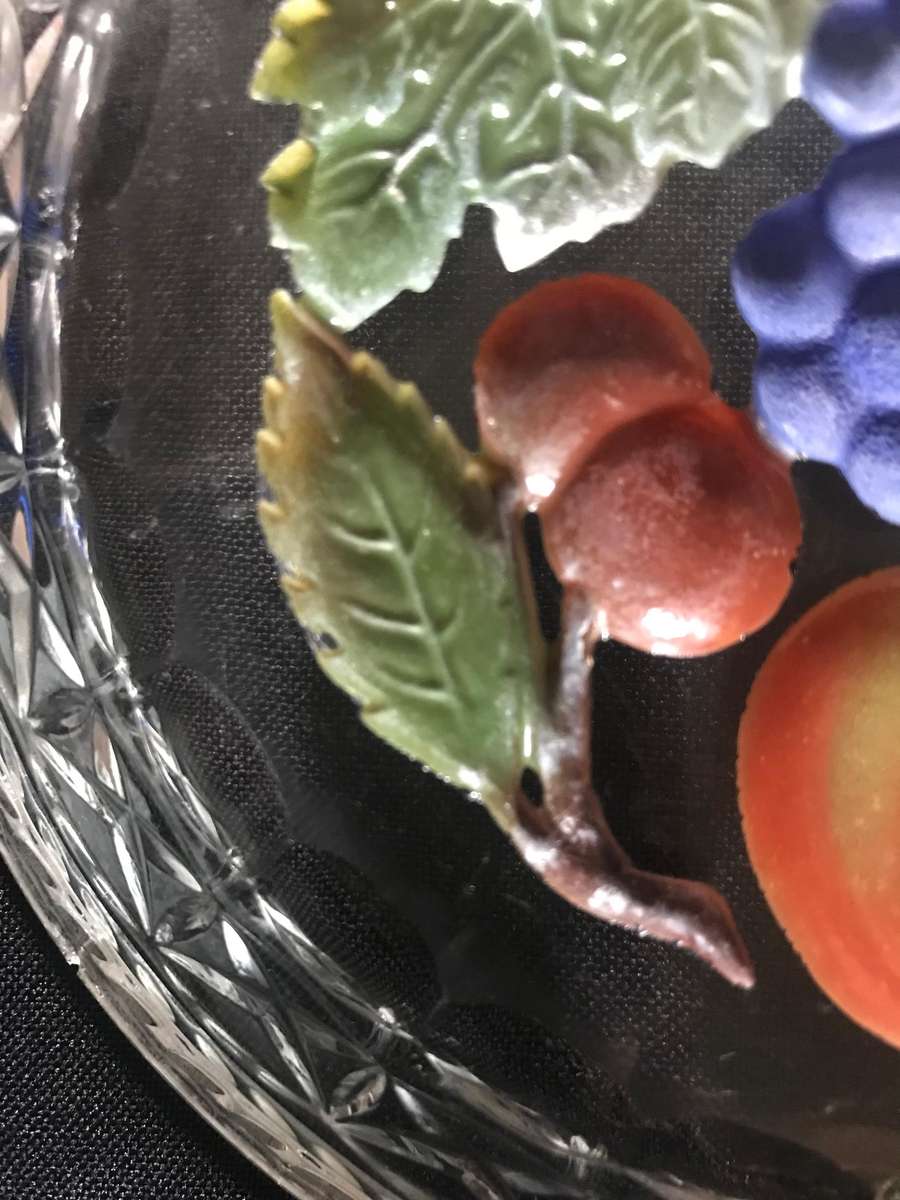 Stunning glass plates with carved fruit bottom x 6