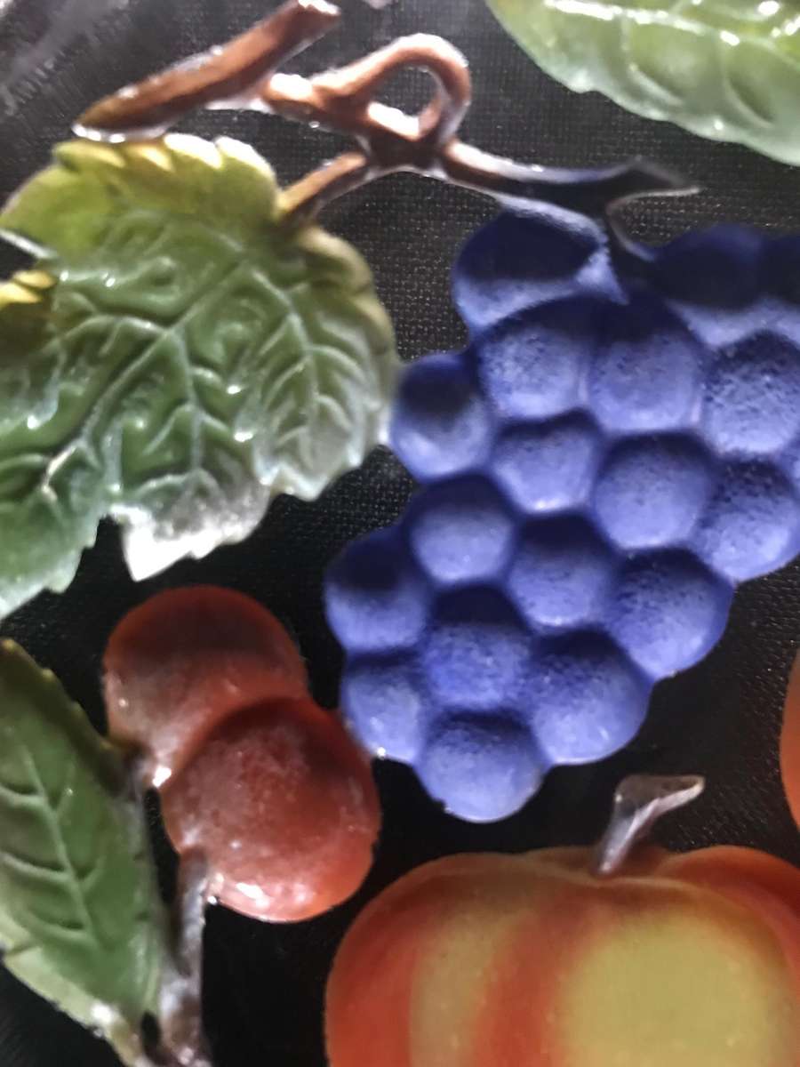 Stunning glass plates with carved fruit bottom x 6