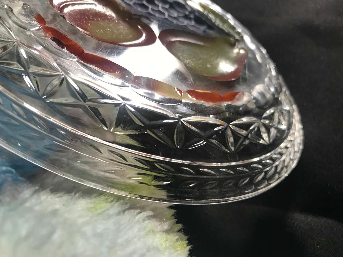 Stunning glass plates with carved fruit bottom x 6