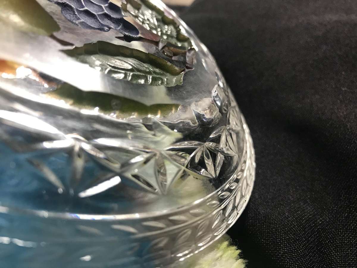 Stunning glass plates with carved fruit bottom x 6
