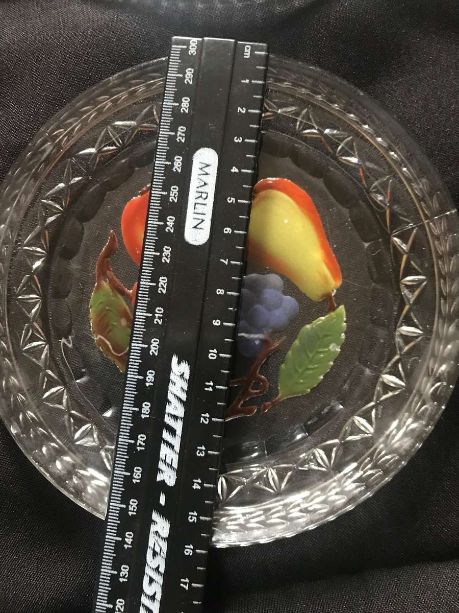Stunning glass plates with carved fruit bottom x 6