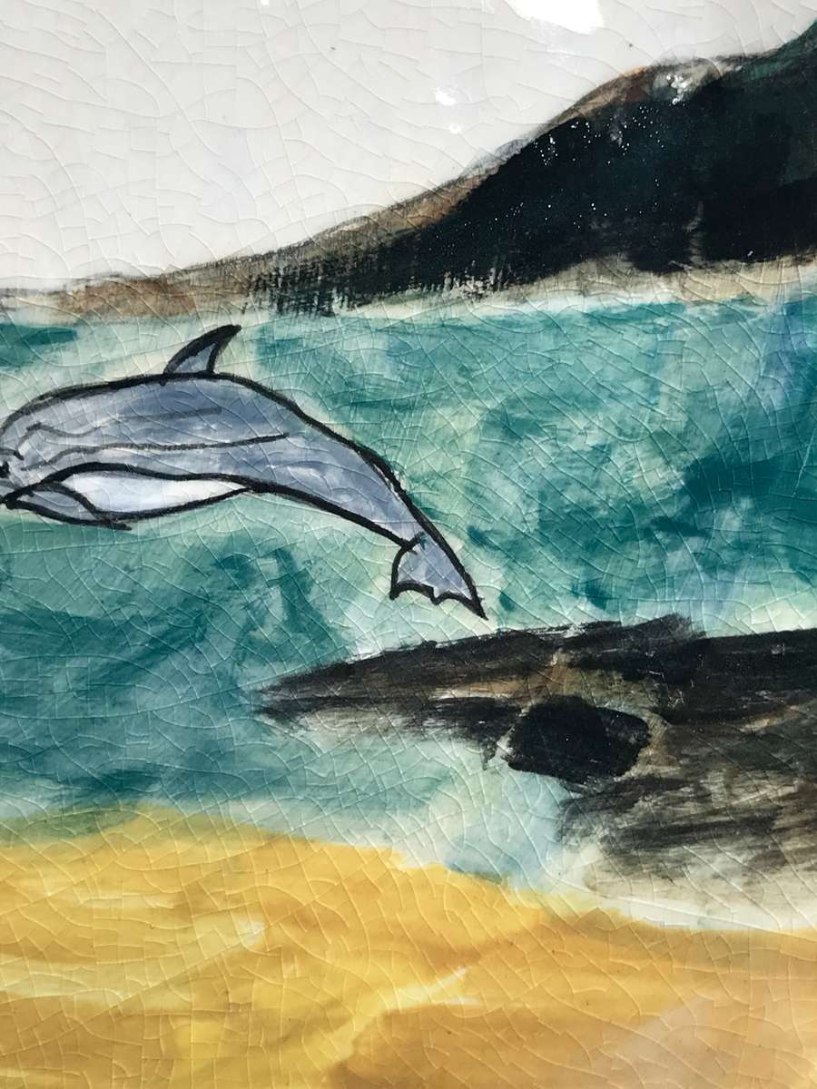 Art Plate Hand Painted  Table Mountain Sea Dolphins 33cm diameter BIG