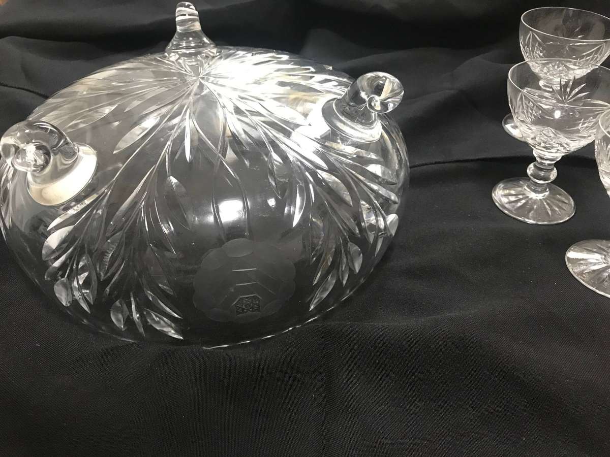 Vintage Cut Rose Cut Crystal 3 Footed Centerpiece Bowl with 5 glasses
