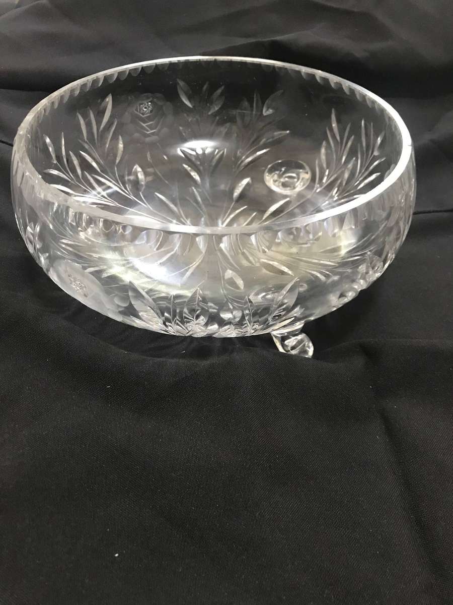 Vintage Cut Rose Cut Crystal 3 Footed Centerpiece Bowl with 5 glasses