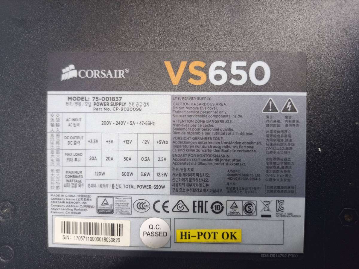 CORSAIR VS650 POWER SUPPLY 75-00183 - [P/N: CP-9020098]
