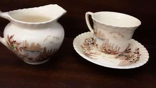 Johnson Bros England Castle on the Lake Four  Piece sugar , milk pots and small cup , saucer