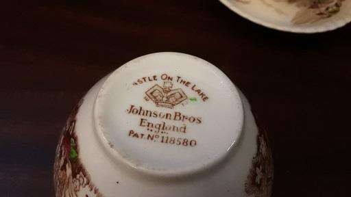 Johnson Bros England Castle on the Lake Four  Piece sugar , milk pots and small cup , saucer