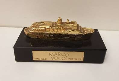 Marco Polo World Cruises Boat on Black Marble Stand  7.5 cm x 3.5 cm x 4 cm