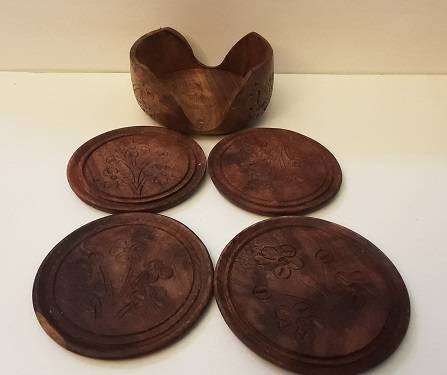Hand Crafted Wooden  Four Coaster with Holder 8 cm