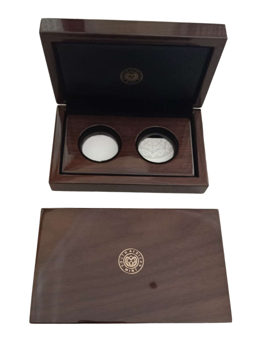 2 x Original SA Mint Wooden Box + Original Mint Packaging- Each Box Holds 2 x 1oz Coins