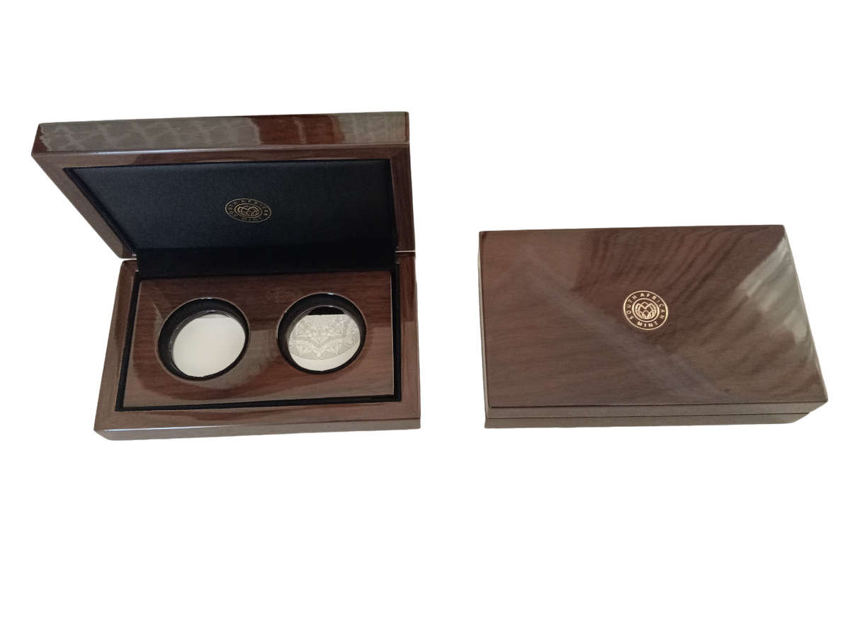 2 x Original SA Mint Wooden Box + Original Mint Packaging- Each Box Holds 2 x 1oz Coins