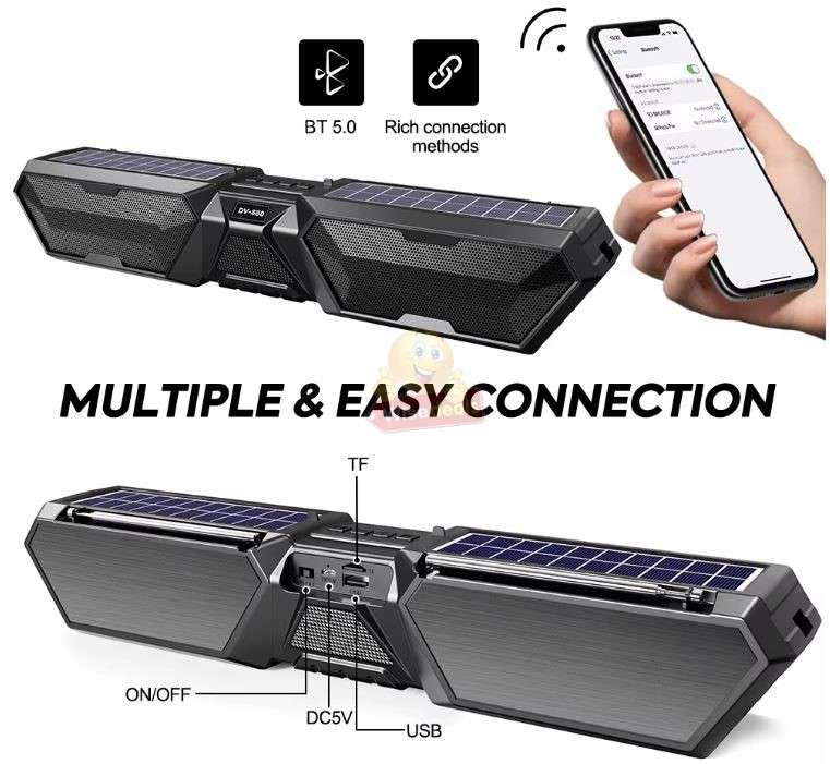 Solar Bluetooth Soundbar Wireless Stereo Dual Antenna Phone Charger TF FM USB Phone Holder