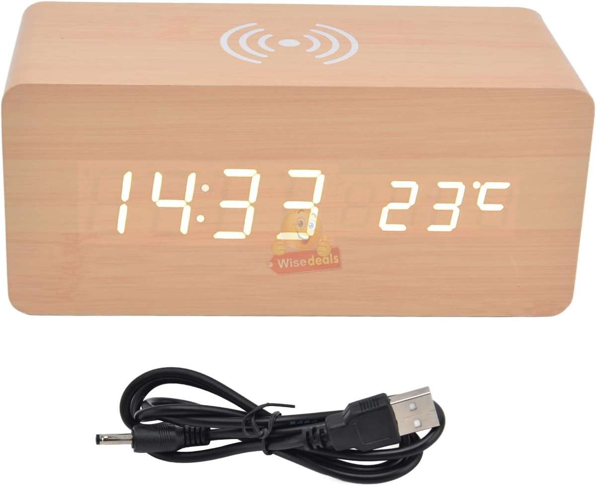 Multi-Function Wooden FM Alarm Clock with Wireless Charger