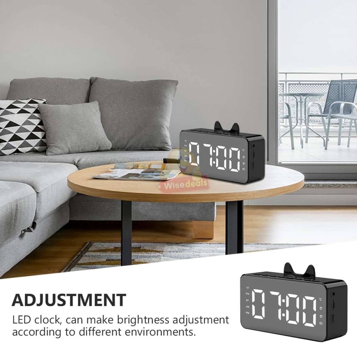 LCD Mirror Alarm Clock with TF Bluetooth Speaker FM Radio Thermometer Black