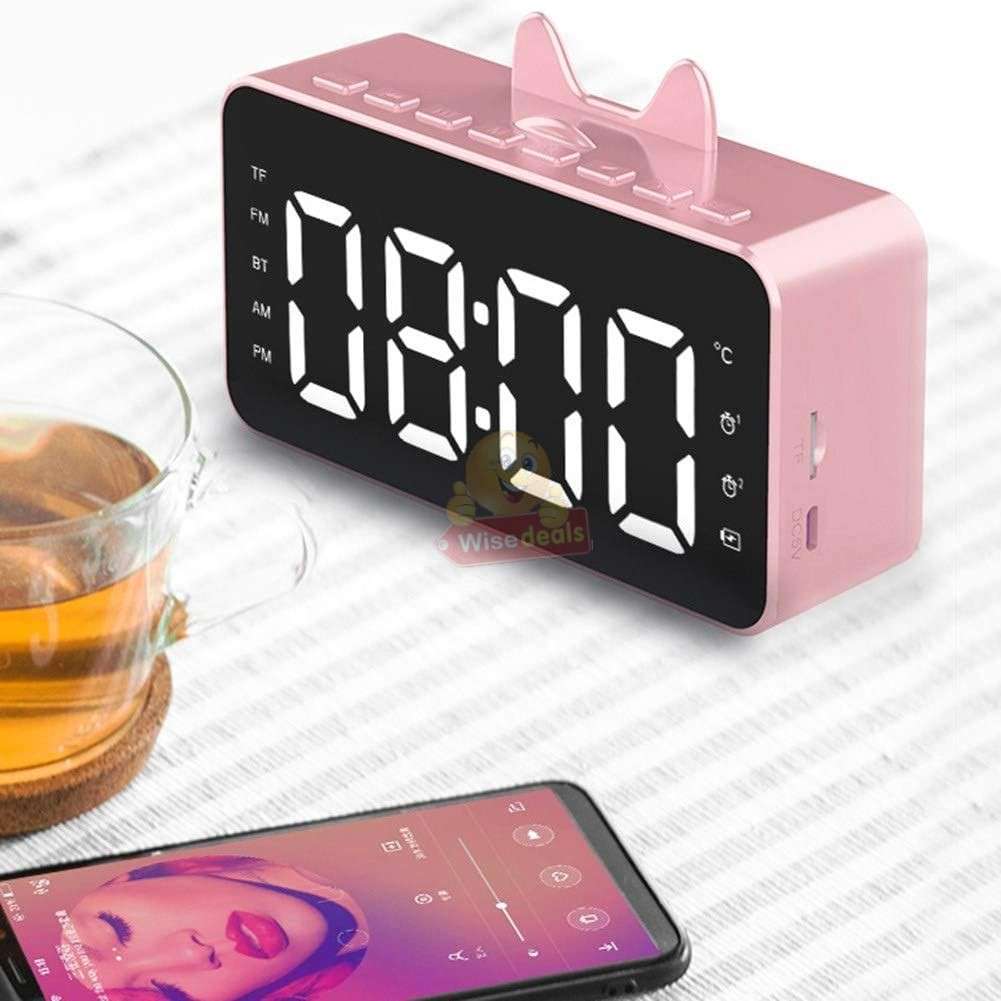 LCD Mirror Alarm clock with TF BLUETOOTH speaker, FM radio, and thermometer in PINK ONLY