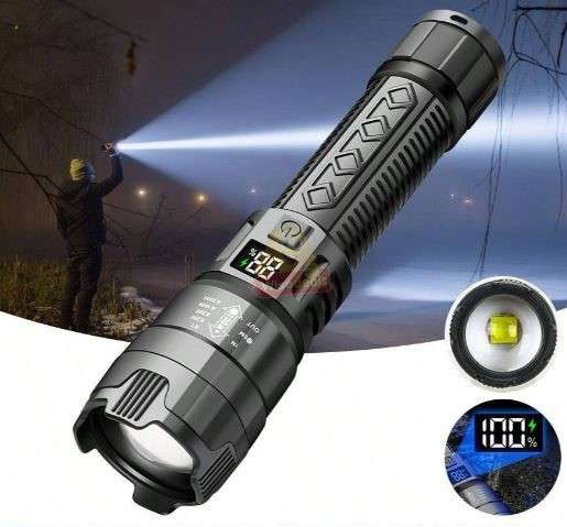 ABS Zoom Flashlight up to 2000 Lumens, Built in Lithium Battery, Digital Battery Display
