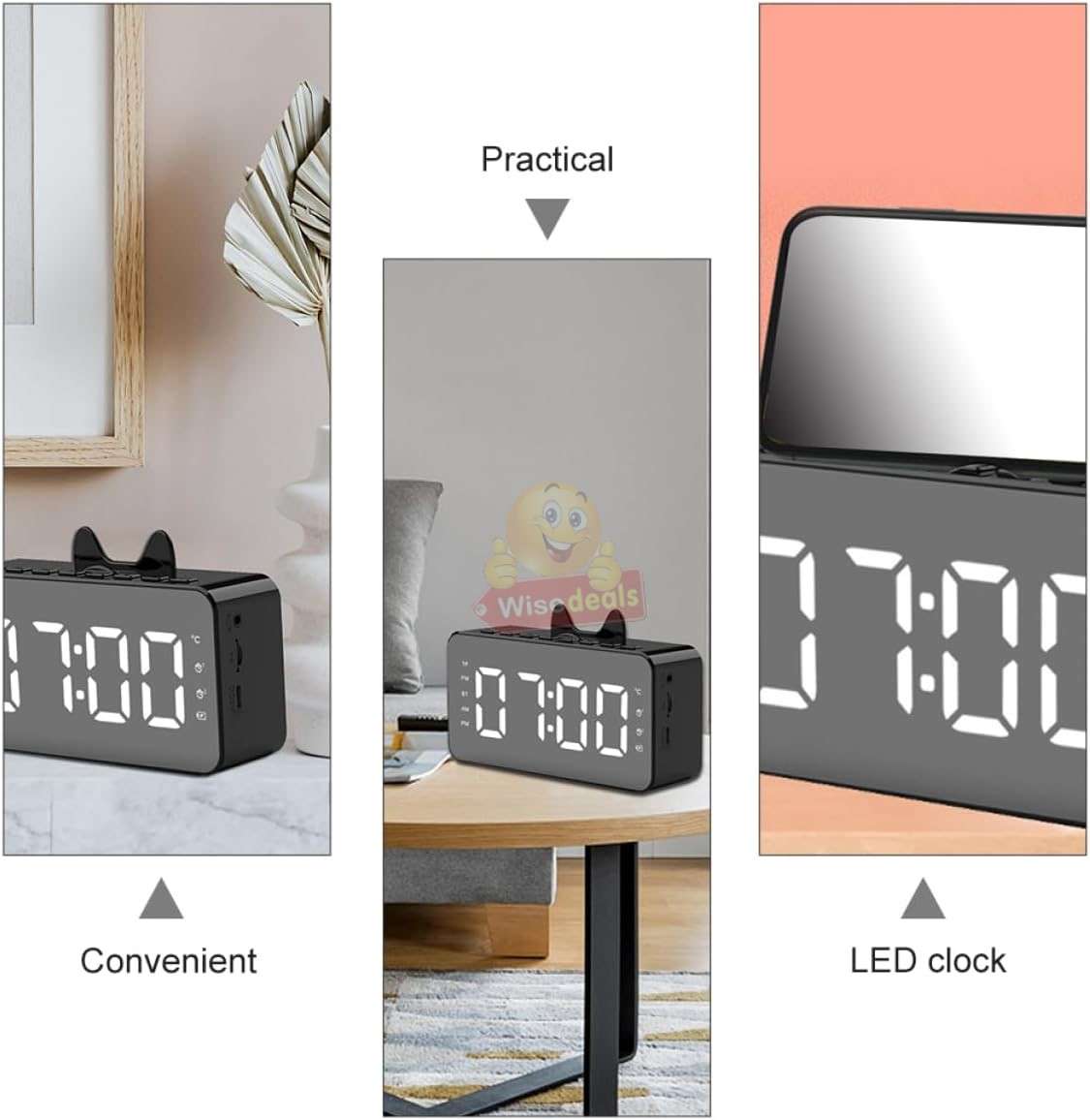 LCD Mirror Alarm Clock with TF Bluetooth Speaker FM Radio Thermometer Black