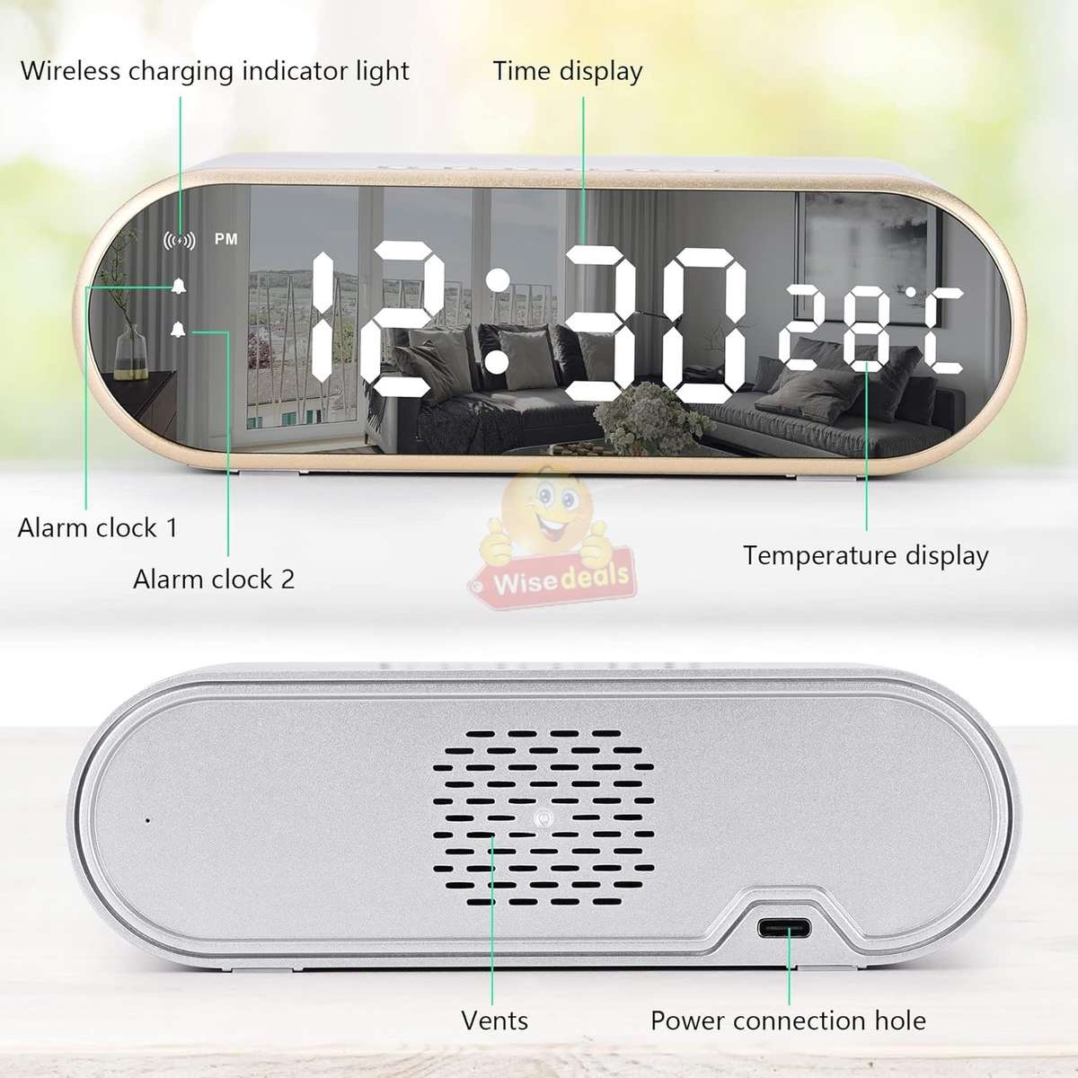 LED Digital Thermometer Alarm Clock with Fast Wireless Charger