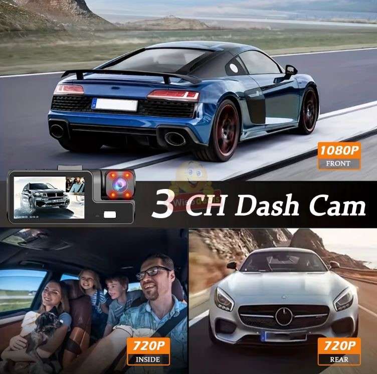 3 Channel DVR Dashcam with Front interior and rear cameras