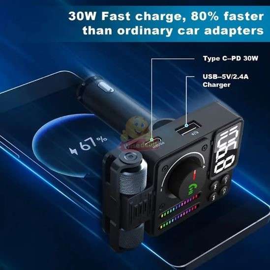 Bluetooth Car 5.3 FM Transmitter, PD 30W Type C Fast Charge & USB Port HiFi