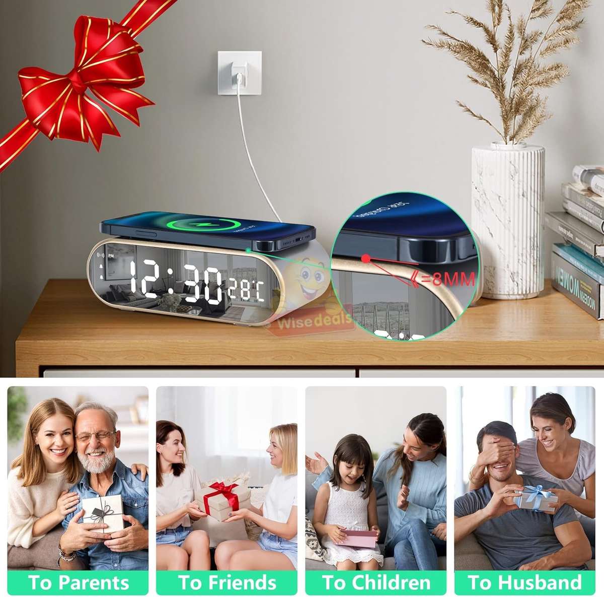 LED Digital Thermometer Alarm Clock with Fast Wireless Charger