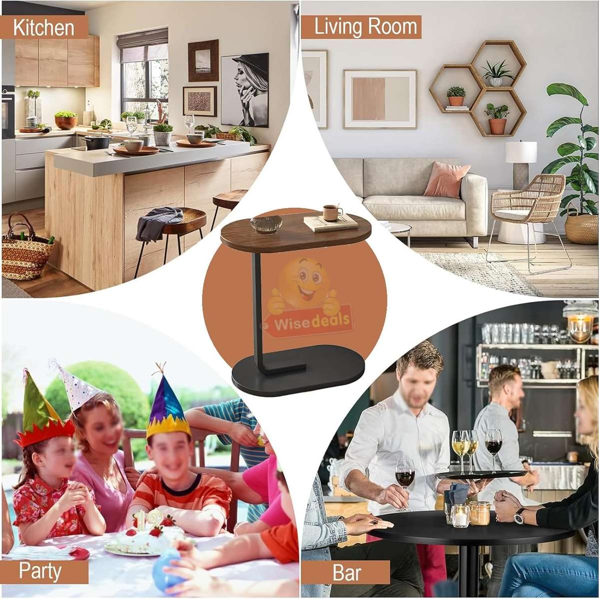 Wooden oval coffee table with a sleek C-shape metal frame