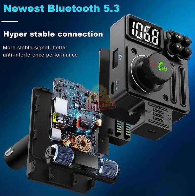 Bluetooth Car 5.3 FM Transmitter, PD 30W Type C Fast Charge & USB Port HiFi