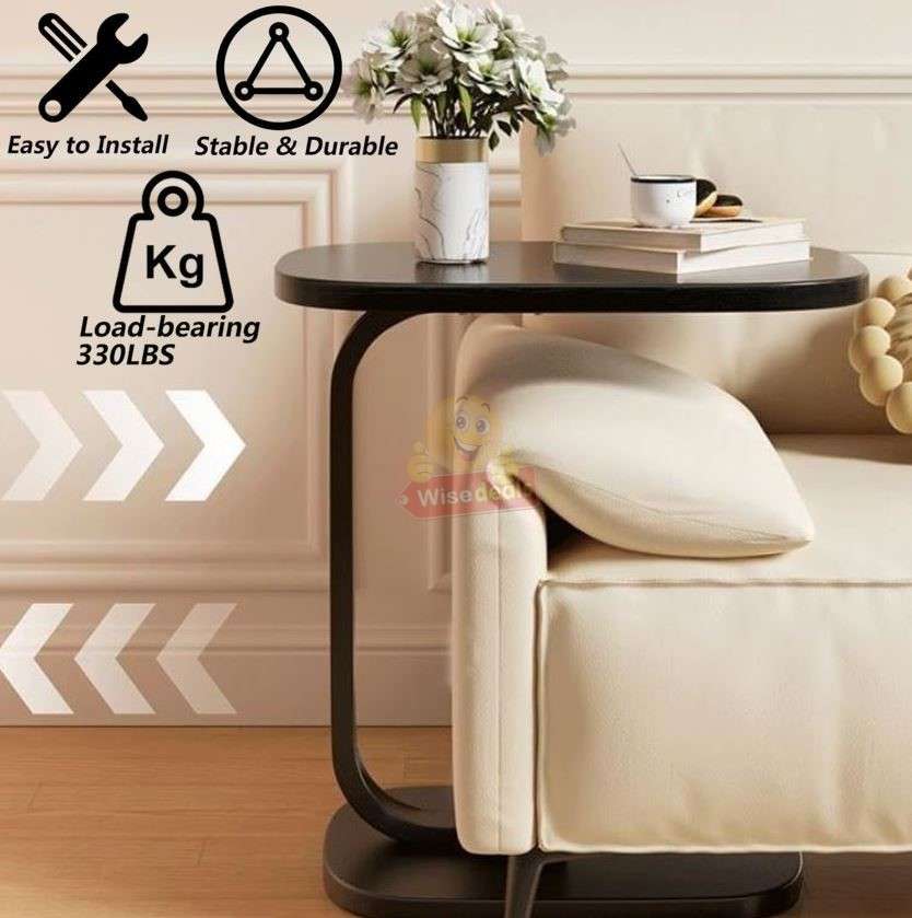 Wooden oval coffee table with a sleek C-shape metal frame