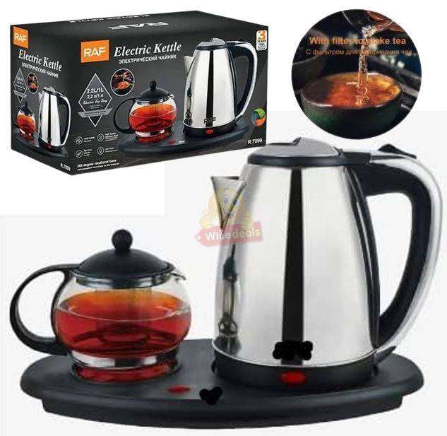 2.2L Stainless Steel Kettle Tray Set With 1L Tea Pot and Removable Infuser