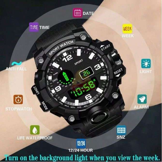 Dual-Display Electronic Night Light Sports Watch with Time Date and Week Display in Case