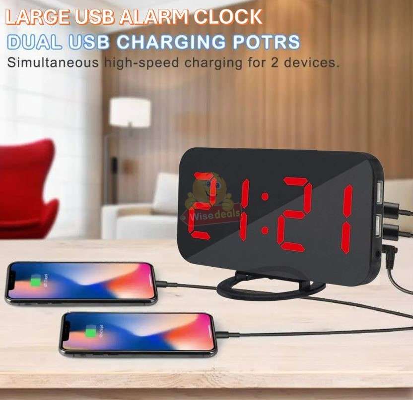 Large LED Display Digital Alarm Clock with Dual USB and AUX -Black & Red