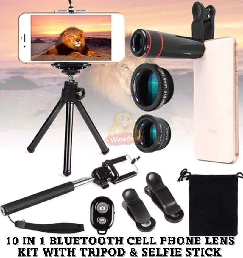 10 in 1 Bluetooth Cell Phone Lens Kit with Tripod & Selfie Stick - 8X Magnification