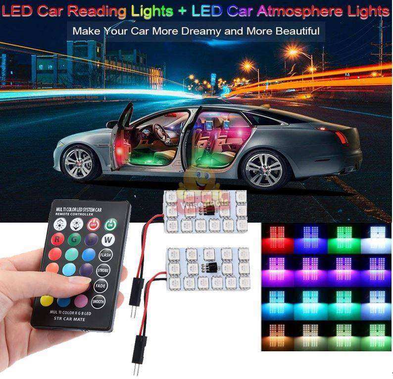 2 Piece 12V 15 LED Colourful Car Lamps with Remote Control
