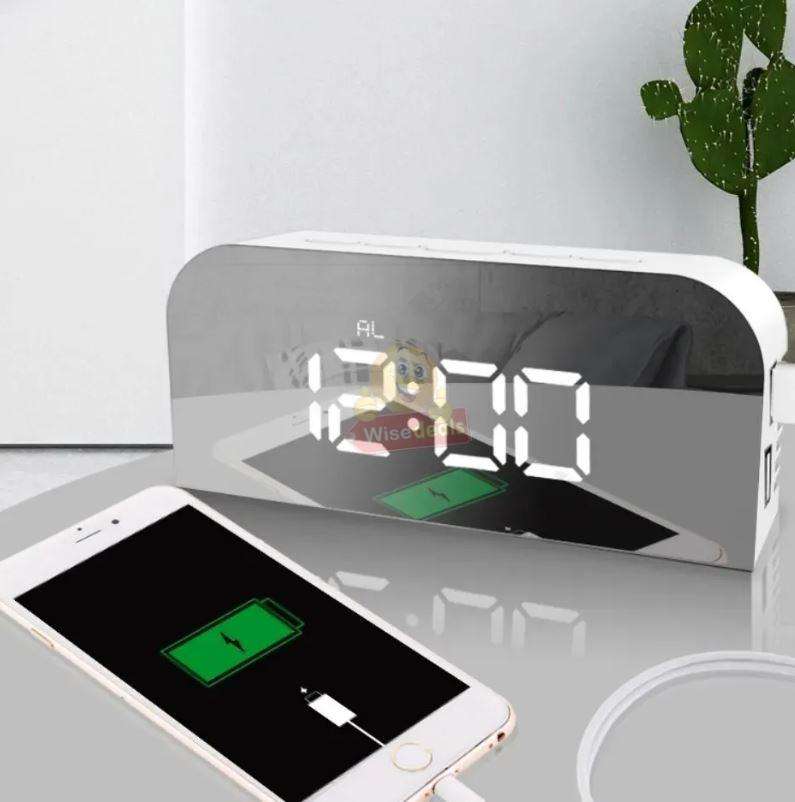 LED Temperature Alarm Snooze Smart Mirror Clock Phone Charger Dual USB