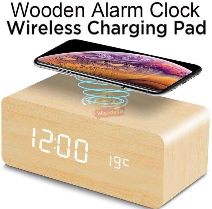 Multi-Function Wooden FM Alarm Clock with Wireless Charger