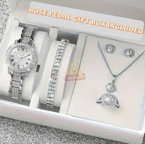Elegant 6 Piece Watch and Jewellery Set in Rose Pedal Gift Box