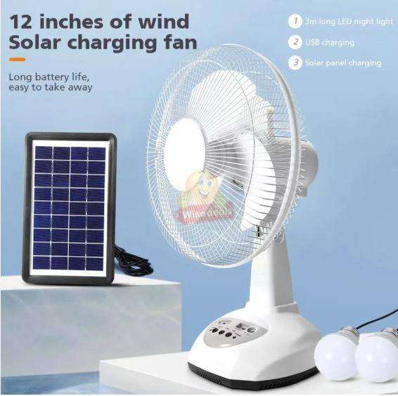 12-inch Rechargeable SOLAR or AC/DC Fan With 2 LED Lights