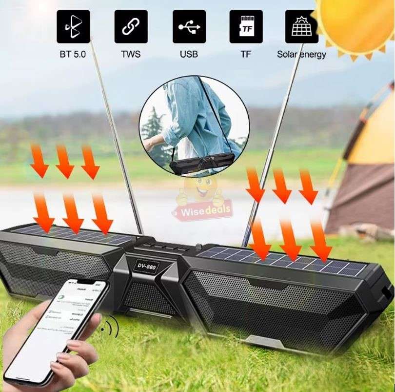 Solar Bluetooth Soundbar Wireless Stereo Dual Antenna Phone Charger TF FM USB Phone Holder