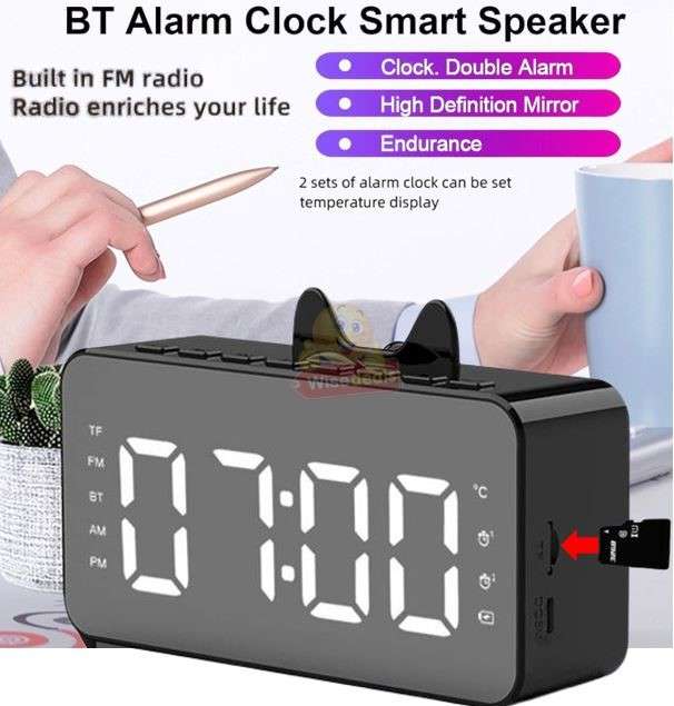 LCD Mirror Alarm Clock with TF Bluetooth Speaker FM Radio Thermometer Black