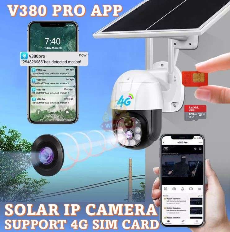 4G Waterproof SOLAR IP Camera with Day and Night Vision Two-Way Audio V380 PRO APP Sim Card Slot