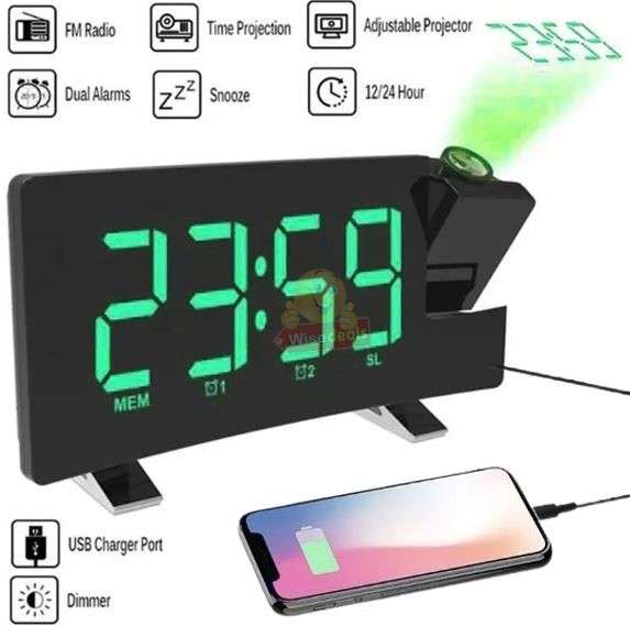 Time Projection Double Alarm FM LED Clock